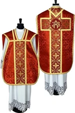 red Fiddleback Chasuble, roman vestment, Stole, Chalice Veil, Maniple, Burse