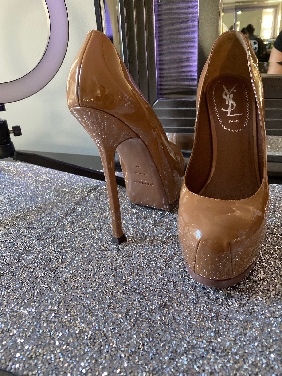 SAINT LAURENT $1395 YSL donna nuda pelle verniciata tacco alto plateau bump taglia 37