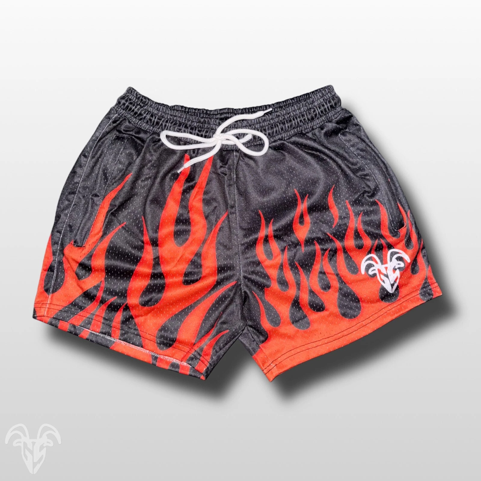Goat Strength 5" Inseam Mesh Shorts - Black with Orange Flame Themed Design