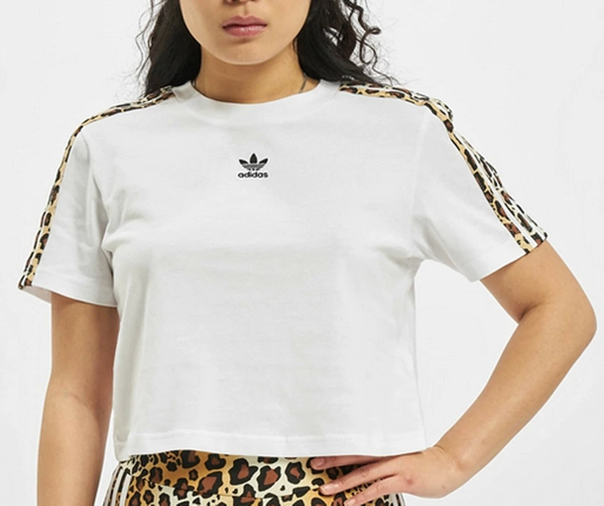 ADIDAS LEOPARD PRINT WHITE CROPPED TOP 3 STRIPES TSHIRT UK 16,18 NEW |