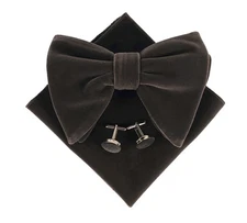 Men's Pre-Tied Oversized Velvet Bow Tie Cufflinks Hankie Tuxedo Combo Set