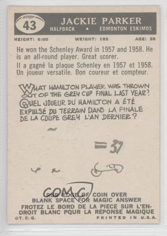 1959 Topps CFL Jackie Parker #43 - Image 2 of 2