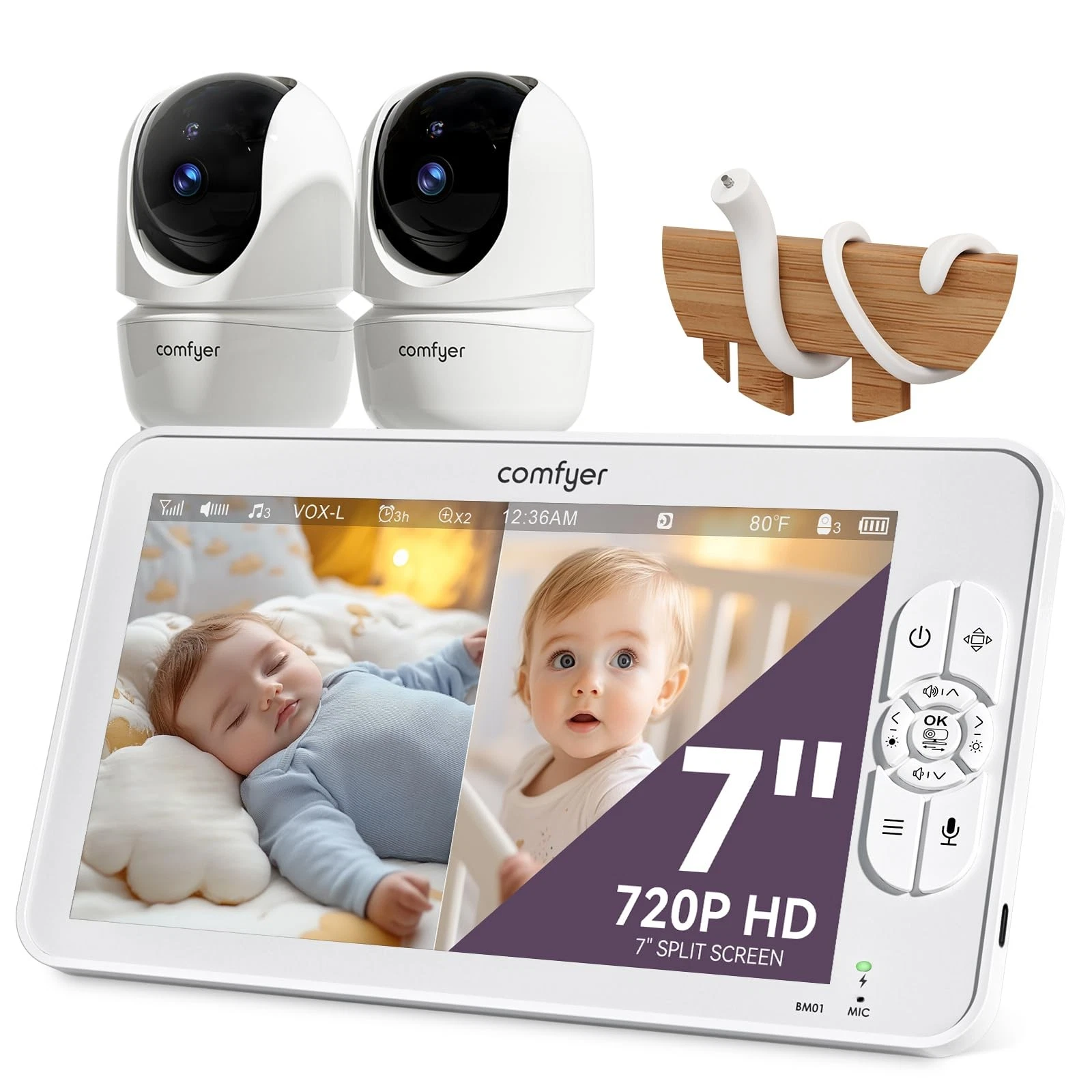Comfyer 7 Split-Screen Baby Monitor with 2 1080P Cameras, 720P HD No WiFi Mon...