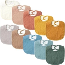 Set of 10 Muslin Baby Bibs for Unisex Boys and Girls, 10 Solid Colors Set for Dr