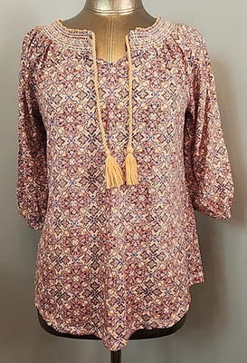 Ruff Hewn Orange BOHO/Peasant Top Women Size S Chest 39Tasseled 3/4 Sl 231-35733
