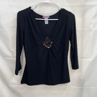 Vintage Vol. 1 petite women's black sequin diamond v-neck stretch blouse large
