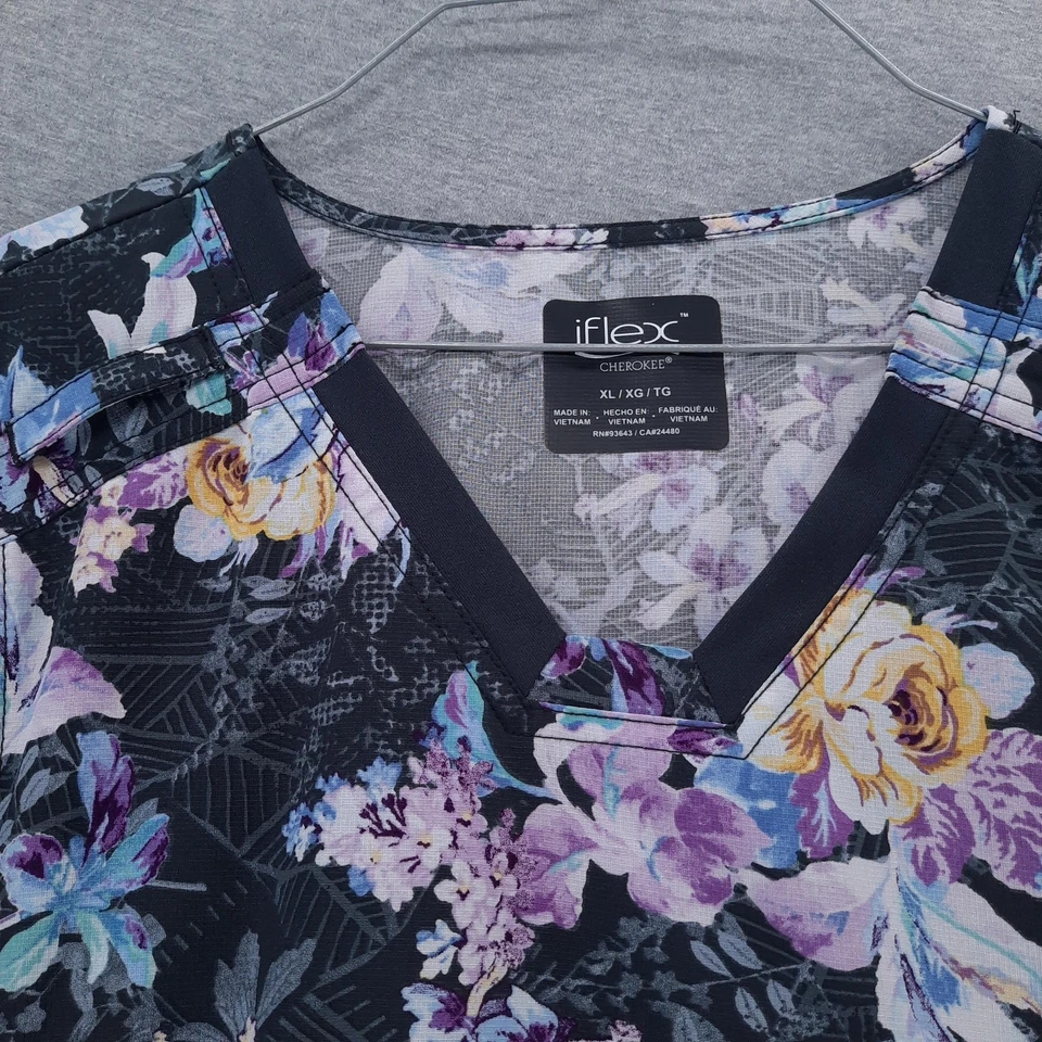 Cherokee iFlex Scrub Shirt Womens XL Black Floral V-Neck CK641 Stretch Pockets - Image 3 of 4