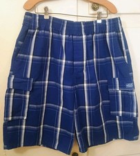 SHAKA WEAR Blue White Plaid Cargo Shorts MEN 3XL Drawstring Pocket Elastic Waist