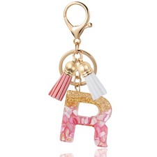 Initial Letter Keychain Cute Resin with PU Leather Tassels R-PINK