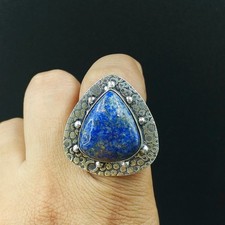 925 Sterling Silver Handmade Jewelry Natural Lapis Lazuli Gemstone Ring Size-7US