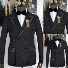 Men Black Jacquard Suit Satin Piping Peak Lapel Jacket Double Breasted Custom