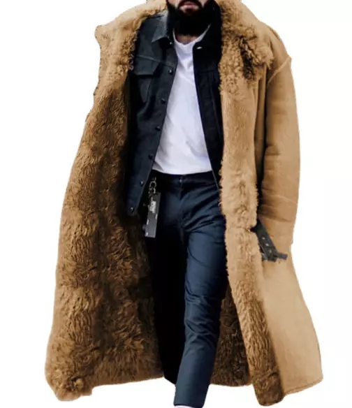 Mens Faux Suede Coats Fur Lined Warm Lapel Windbreakers Long Trendy Thick Jacket
