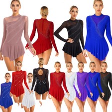 Womens Lyrical Dance Costume Mesh Tulle Flowy Ice Skating Short Leotard Dress