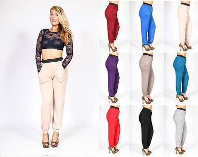 WOMENS LADIES HAREM ELASTICATED PLAIN BAGGY ALI BABA PANTS TROUSERS (POCKETS)