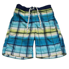 Children's Place Boys Blue  Green Plaid Swim Trunks - Size 10/12