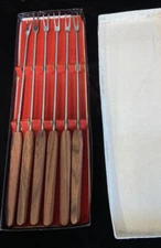 6 Vintage Stainless Steel Fondue Forks Wood Handles MCM Japan 11" Danish Style