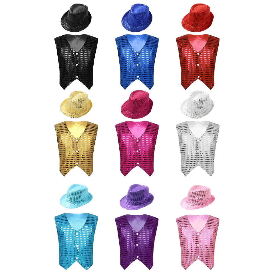 Conjunto Chaleco Chaleco y Sombrero Niños Lentejuelas Baile Hip Hop Performance Fiesta Disfraz Foto 2 de 4