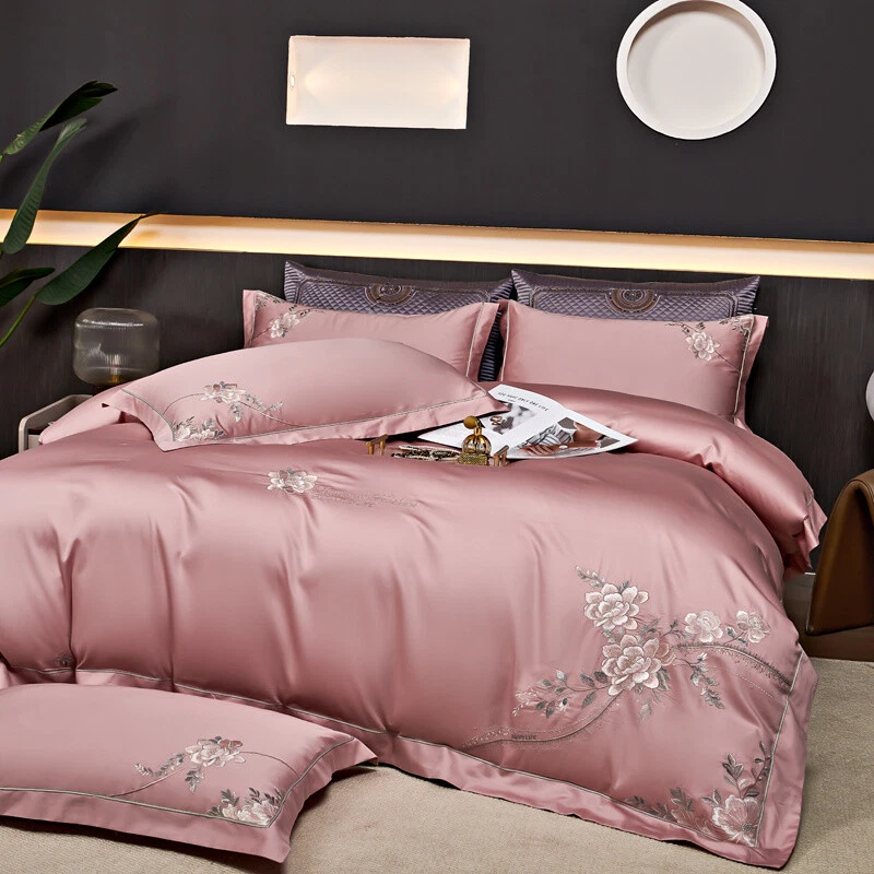 Bedding Set 4 Pcs Cotton Embroidery Flower Duvet Cover Flat Sheet 2 Pillowcases - Image 3 of 4