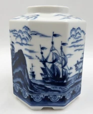 ANDREA BY SADEK TEA OR COFFEE CONTAINER, BLUE AND WHITE SAILING SHIPS, JAPAN