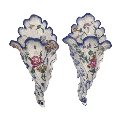 Antique Gien French Faience Victorian 19th Century Wall Pocket Art Pottery Pair