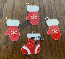 Cutie Cute Gold Tone & Red Enamel Necklace Charms, Christmas Package Tie Ons