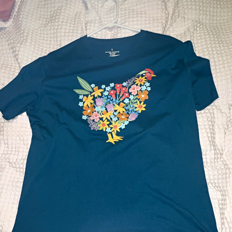 Blue Floral Rooster Graphic Crew Neck Short Sleeve Jersey T-Shirt Size L