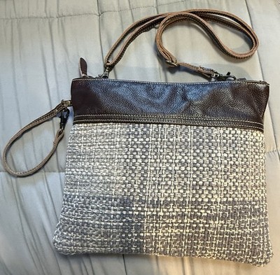 MYRA BAG LEATHER DENIM TWEED SHOULDER CROSSBODY WRISTLET BAG REMOVABLE STRAP