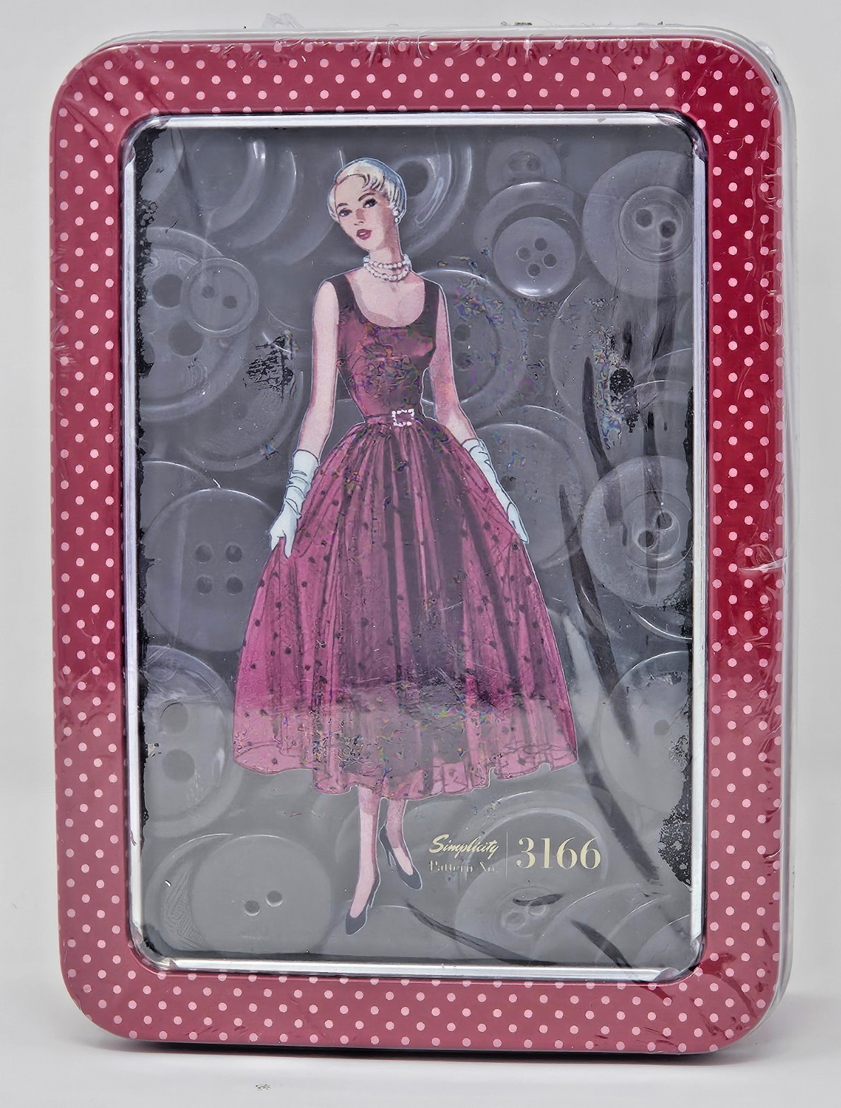 Simplicity~  Burgundy ~ Polka Dot ~ Tin ~ Filled With Black Buttons ~ New
