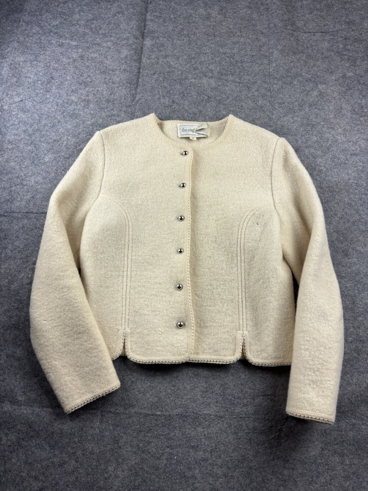 VTG Eagle’s Eye Womens 10 Boiled Wool Cardigan Jacket Ivory Button Classy SEE