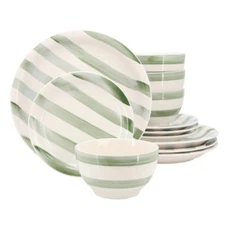Gibson Home Kenwood Shores 12 Piece Stoneware Dinnerware Set In Green Stripe