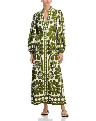 FARM Rio Green Palermo Buttoned Puff Sleeve Maxi Dress NWT MEDIUM $338 Boho