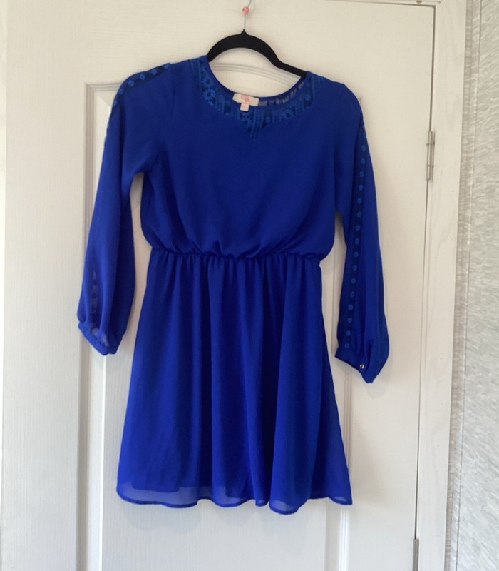 GB Girls Blue Solid Fit & Flare Knee-Length Dress L 3/4 Sleeve Lace EUC