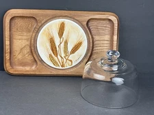Vtg Goodwood Sheaf Of Wheat Wooden Cheese Serving Tray w/ Glass Lid Charcuterie