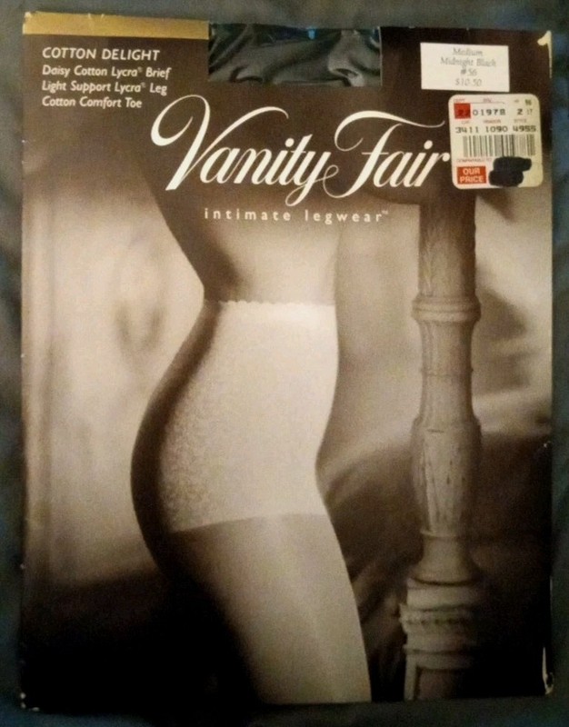 NEW Vanity Fair Medium Pantyhose Daisy Cotton Delight Midnight Black Vintage NIP