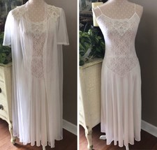 Vtg Val Mode Peignoir Gown Robe Bridal Set White Lace Sequins Pearls Small