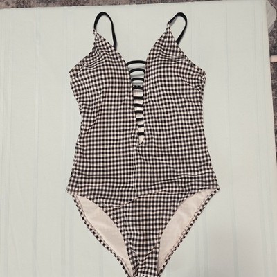 Time and Tru Gingham One Piece Swimsuit Adjustable Straps Built-In Bra S