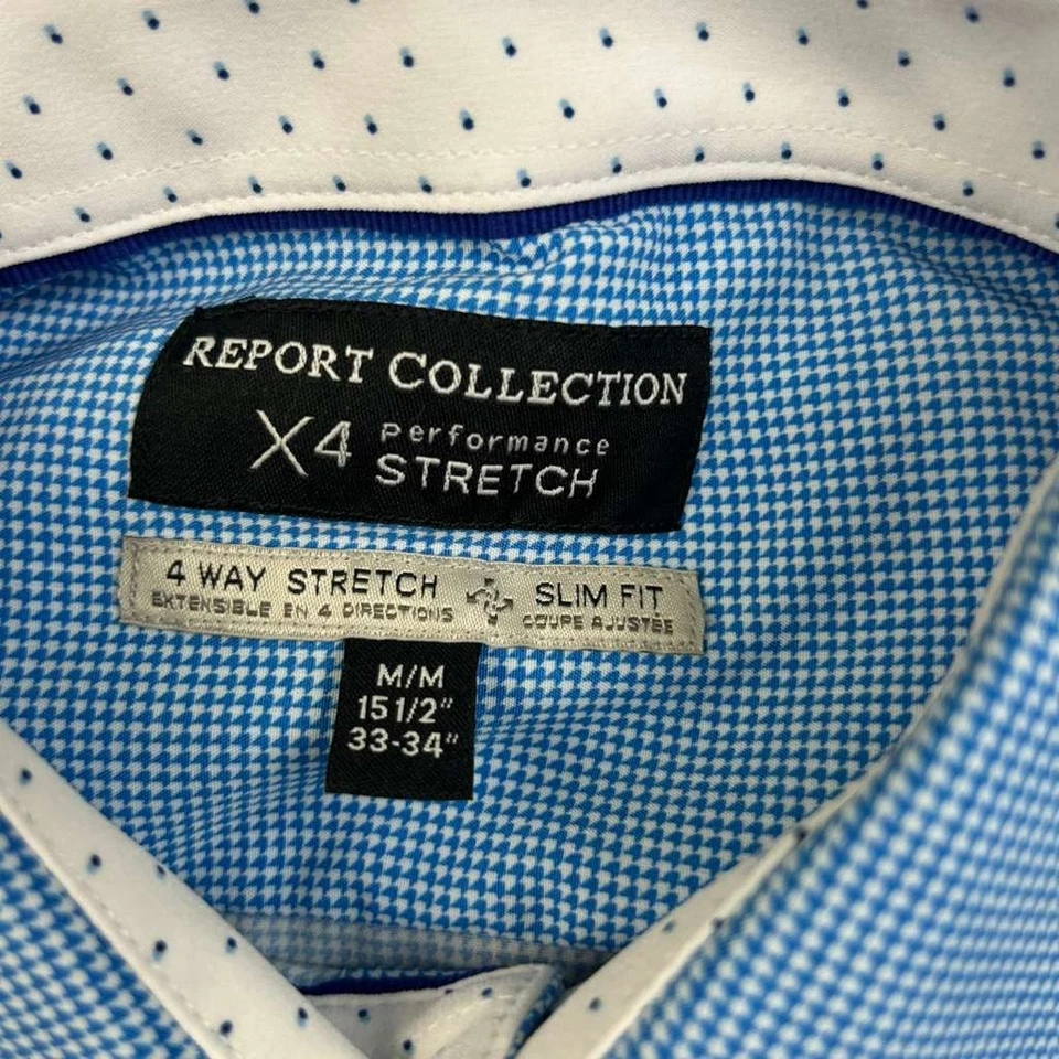 Report Collection X4 Shirt Mens Medium Blue Plaid Slim Fit Button Up NWT - Image 2 of 4