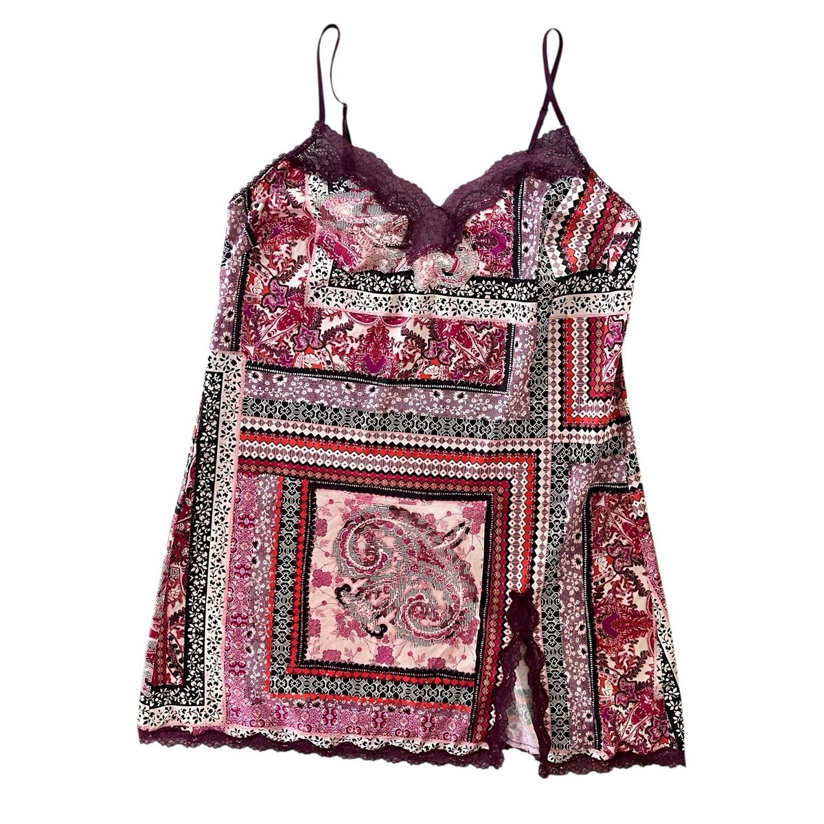 Victorias Secret Women M Pink Maroon Paisley Satin Lace Trim Intimate Slip  Dress