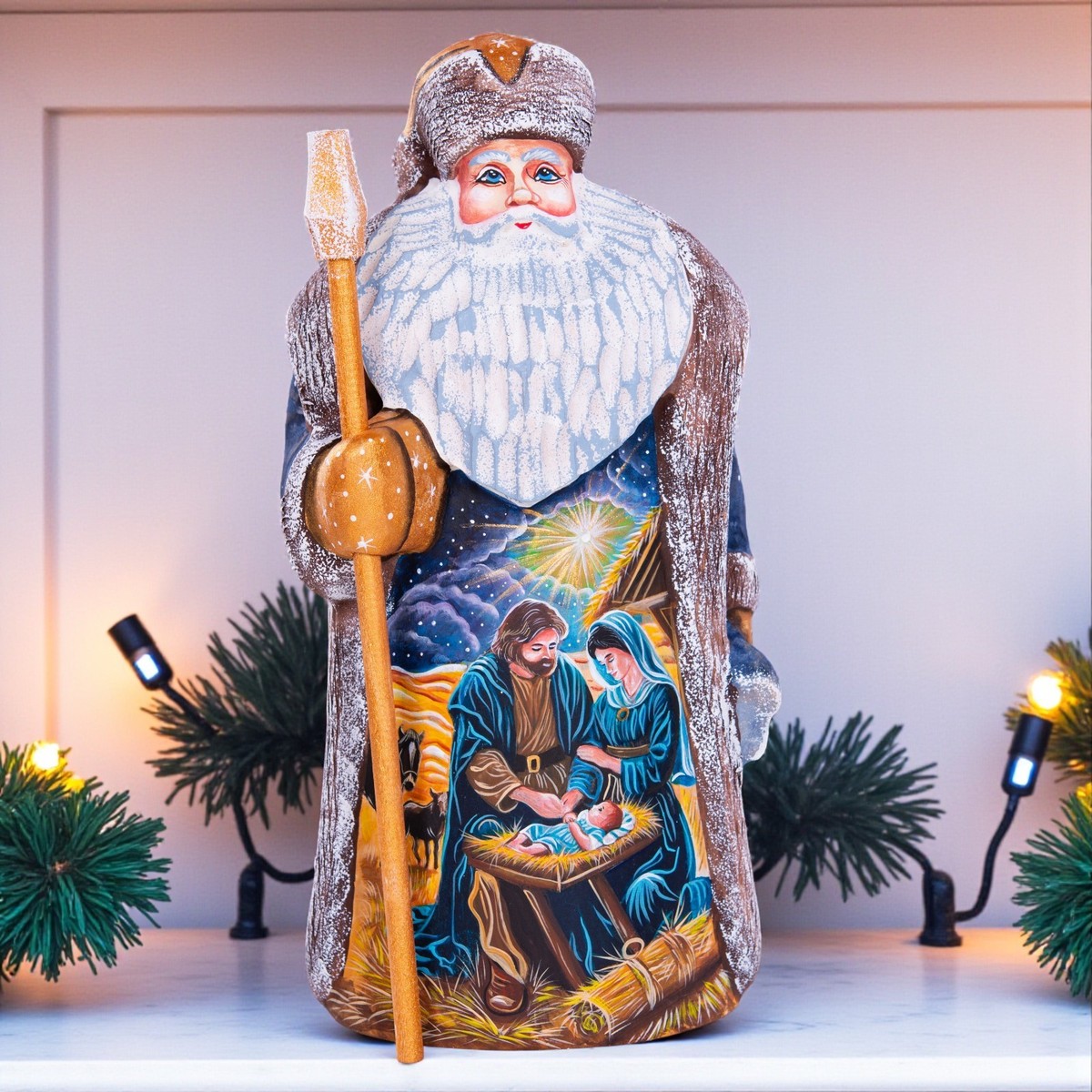 Wooden hand carved Santa Figurine 9.5