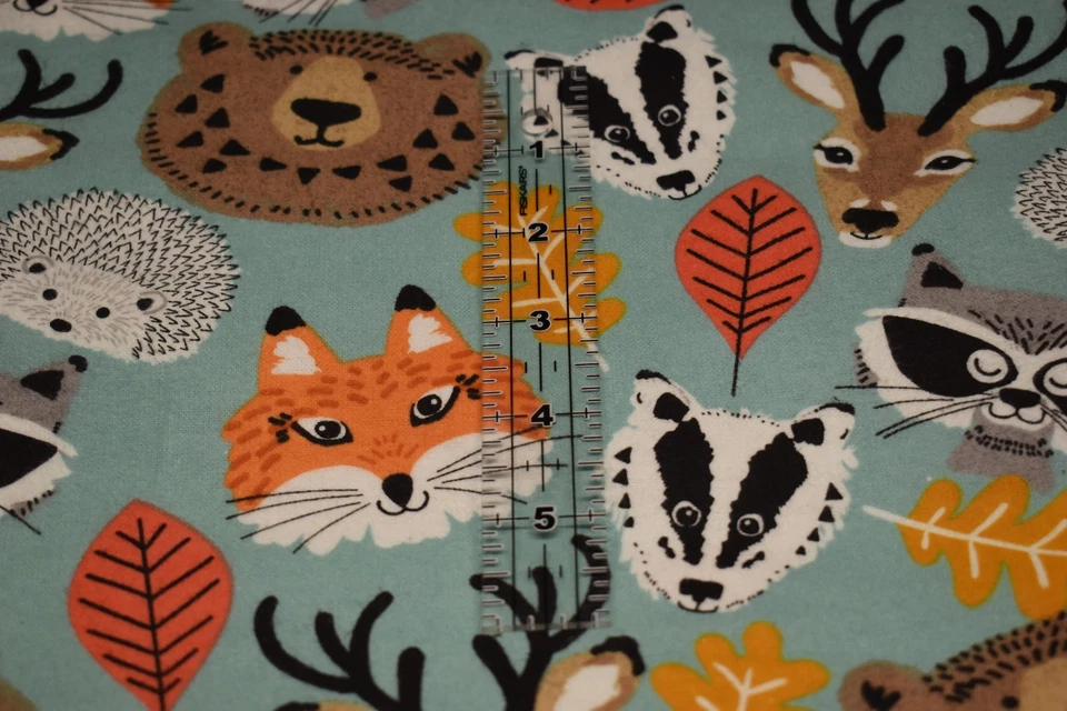 2 yards FLANNEL FABRIC woodland animals FOREST FRIENDS fox deer raccoon LEAVES - Image 2 of 3