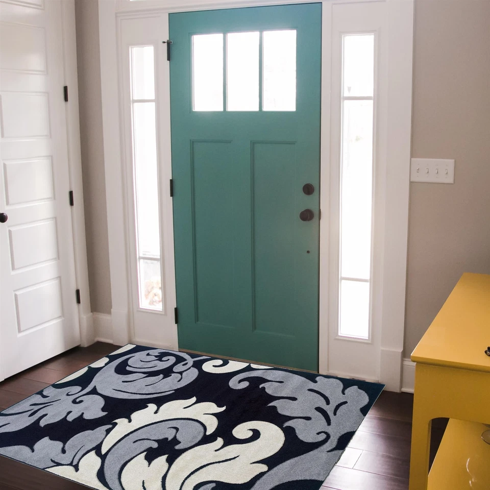 Linon Corfu Damask Frieze Yarn 3'x5' Rug in Black and Gray - Image 2 of 4