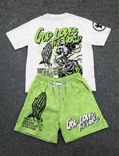 Men s L 2-Piece Cotton Graphic Tee Drawstring Shorts Set "God Loves The World"