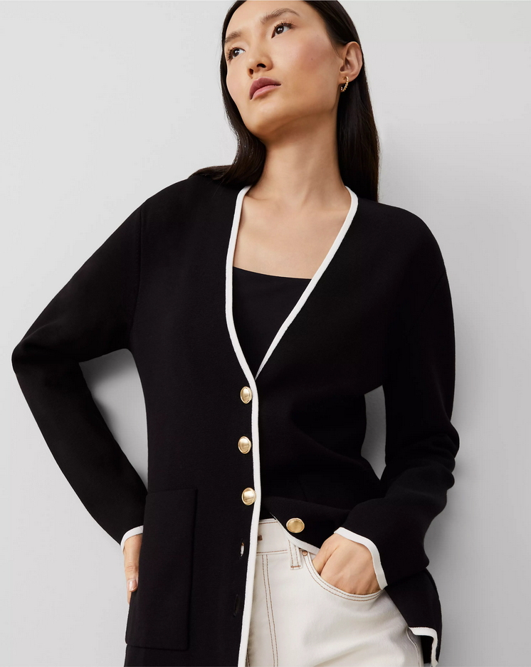 NEW ANN TAYLOR $139 BLACK WHITE TIPPED V-NECK SWEATER BLAZER SZ LP LARGE  PETITE