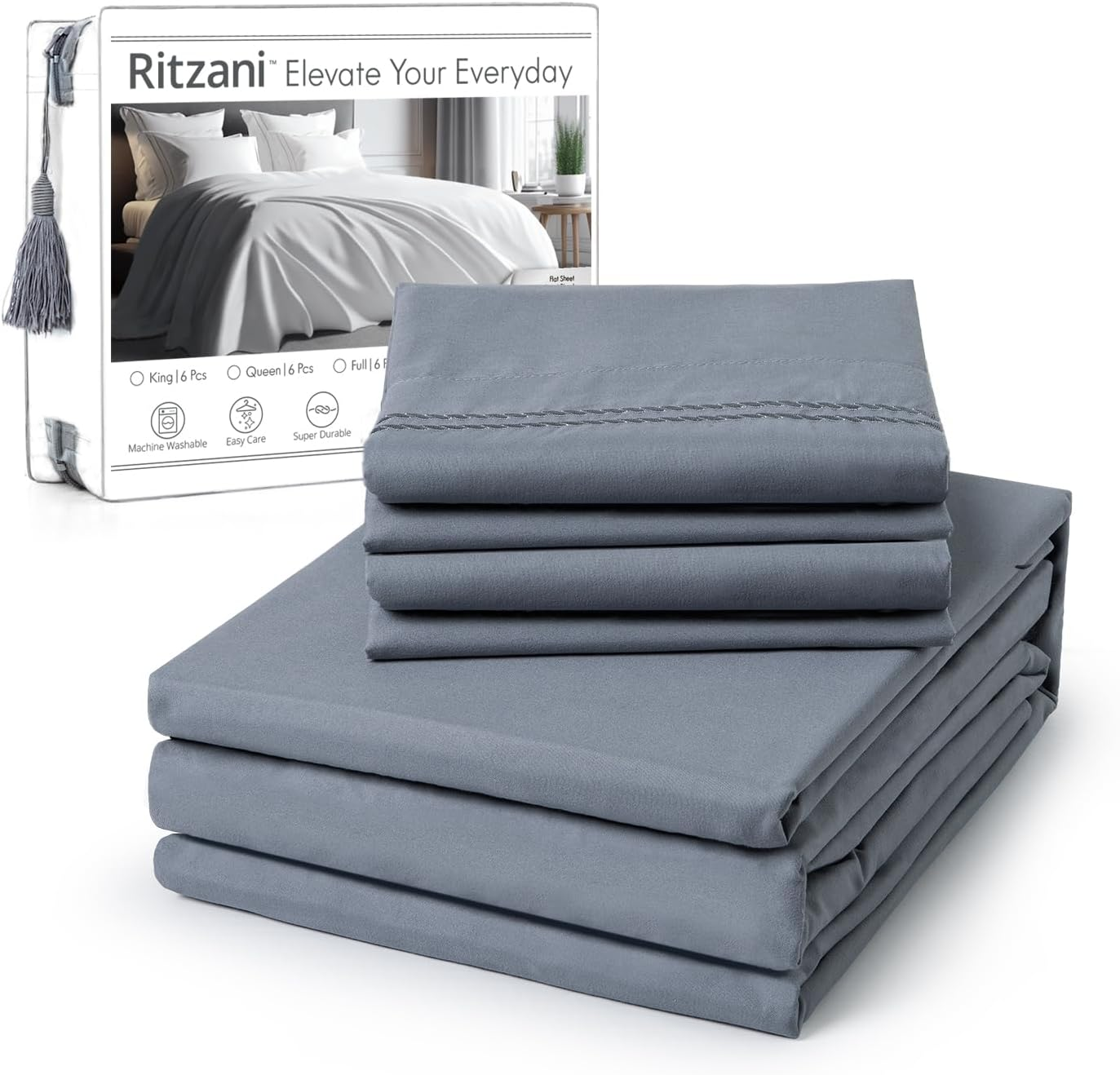 Queen Size Sheet Set Deep Pocket- 6 Piece Ultra Soft Machine Washable Luxury Bed