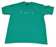Obey Spell Out Logo T-Shirt Medium Green Short Sleeve Crew Neck Made In USA