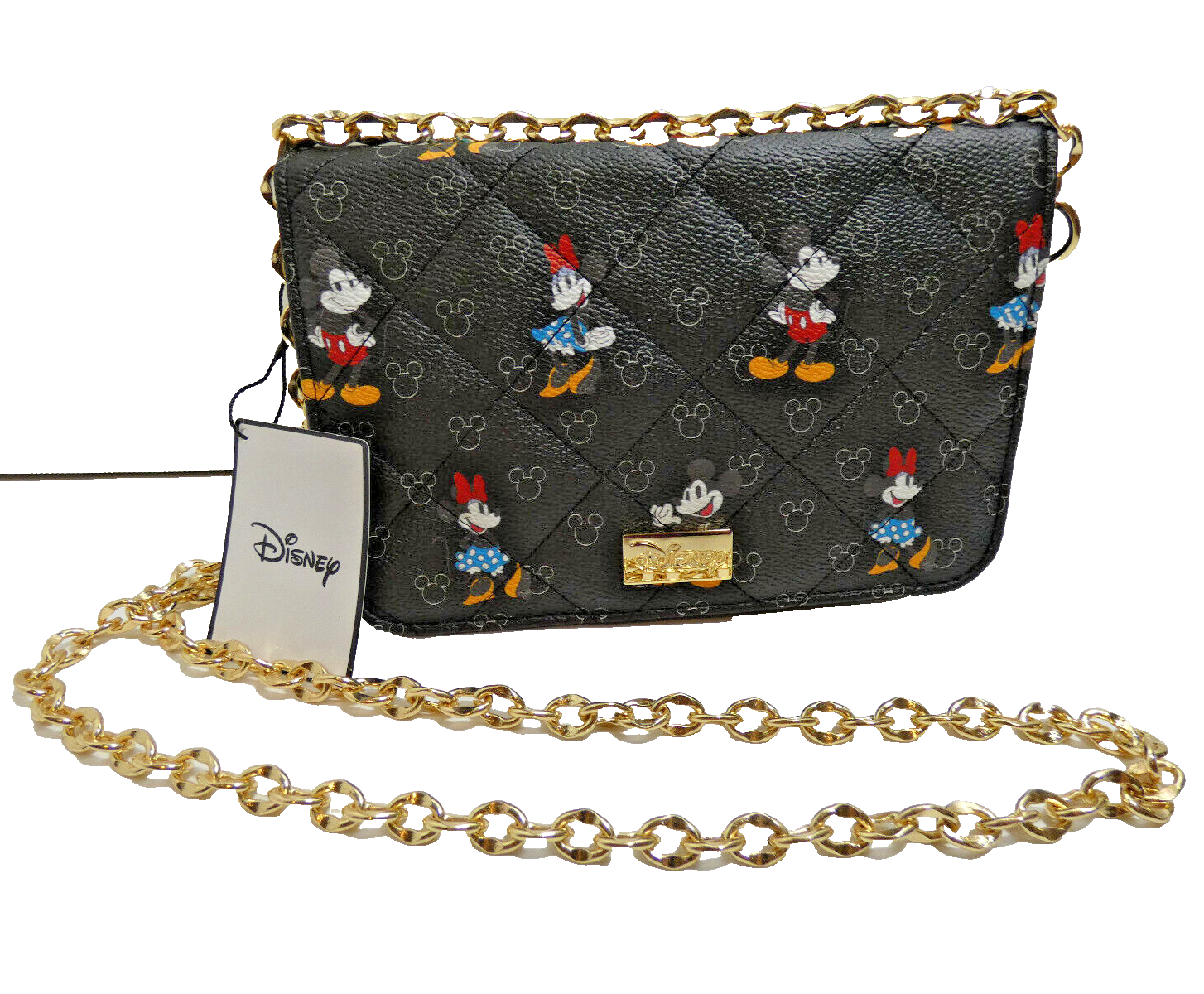 Crossbody Bag Mickey & Minnie Mouse Disney Purse Black Embossed Gold Chain NWT-image