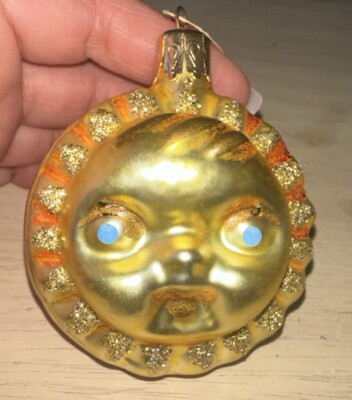Vintage Radko Two Sided Sprakled Sun Shine w/Blue Eyes Christmas Ornament