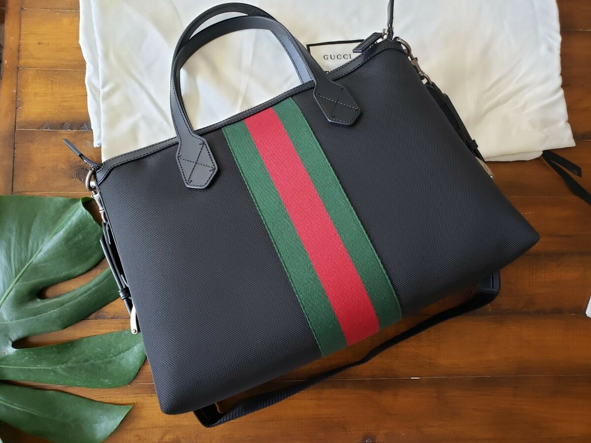 ♡NWT♡ Gucci bag Black Techno Canvas Luggage with Gucci Red Green