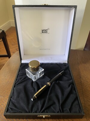 Mont Blanc Meisterstück 146 Gold Füllfederhalter, Präsentationsbox & Glas Tintenfass
