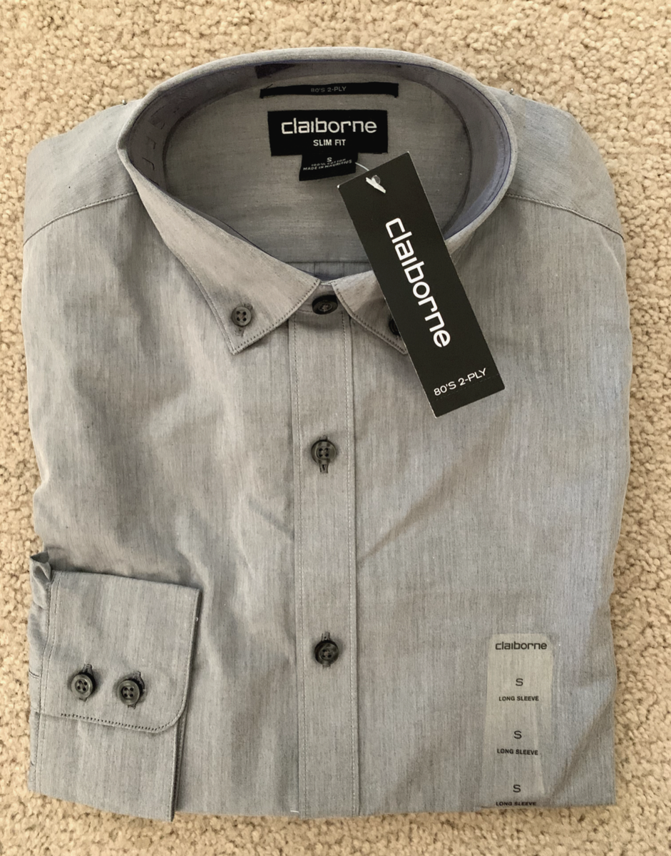 Brand New NWT Mens Claiborne Gray Slim Fit Dress Shirt Button Down: size  small S